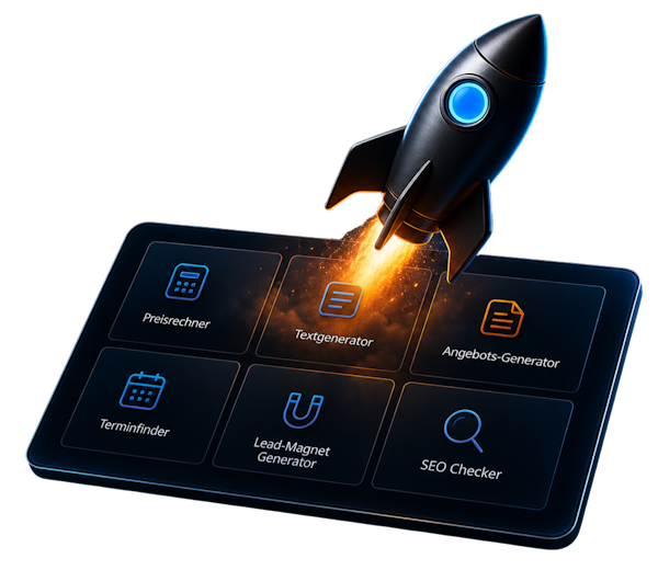 Rakete startet von einem dunklen Dashboard mit RocketKI Tool-Kacheln