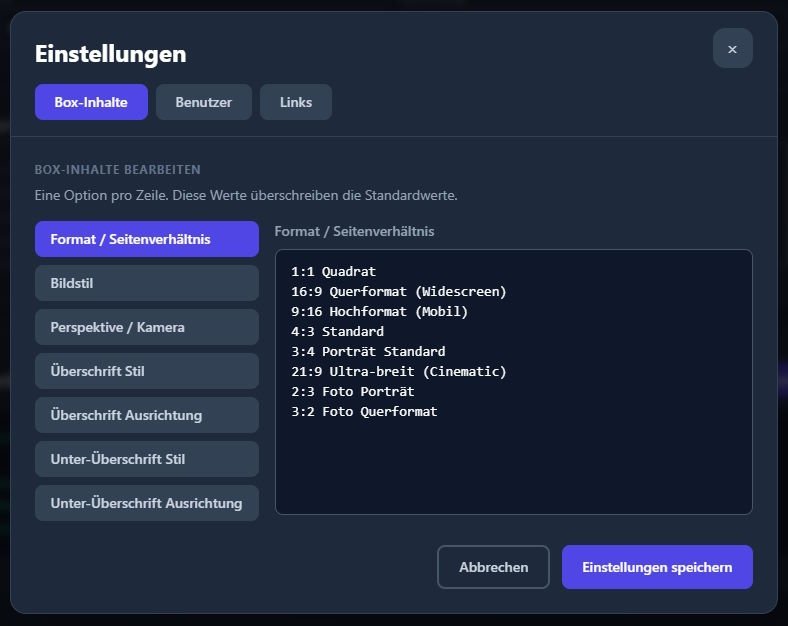 Generator Einstellungen bearbeiten